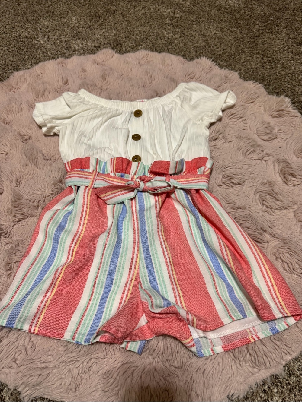 2 Rompers  ..Top with Coral and Pastel Multi-Stripe Belted Romper